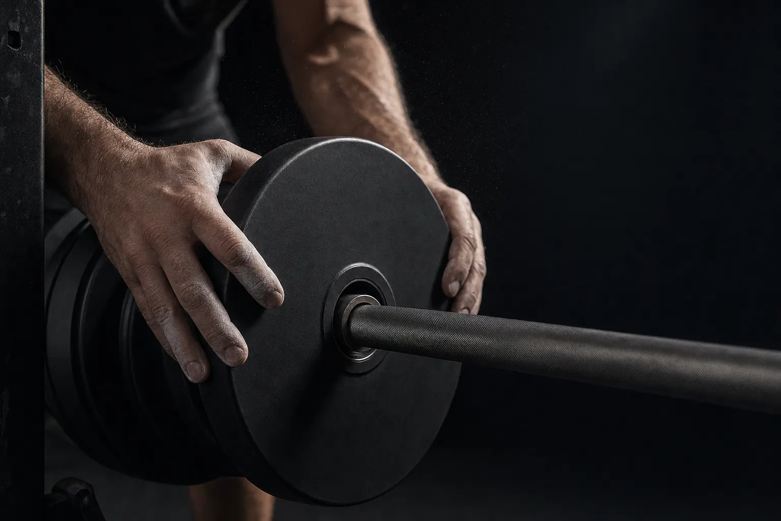Close-up of a man's hands sliding an unmarked black weight plate onto a barbell sleeve in a dark gym, chalk dust visible on his fingers.