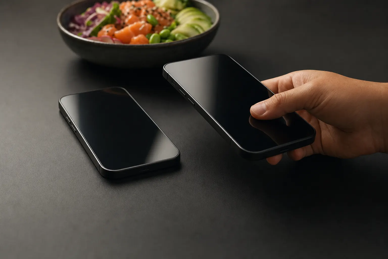Two smartphones with dark screens on a black tabletop, a hand lifting one of them, with a poke bowl of salmon, avocado and edamame in the background.