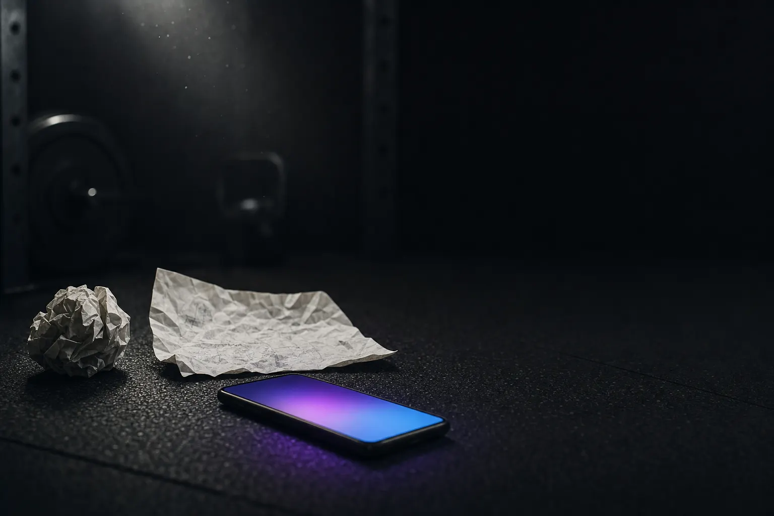 A crumpled paper ball and a creased sheet with faint illegible smudges lying on a dark gym floor next to a phone glowing with a soft violet-blue gradient.
