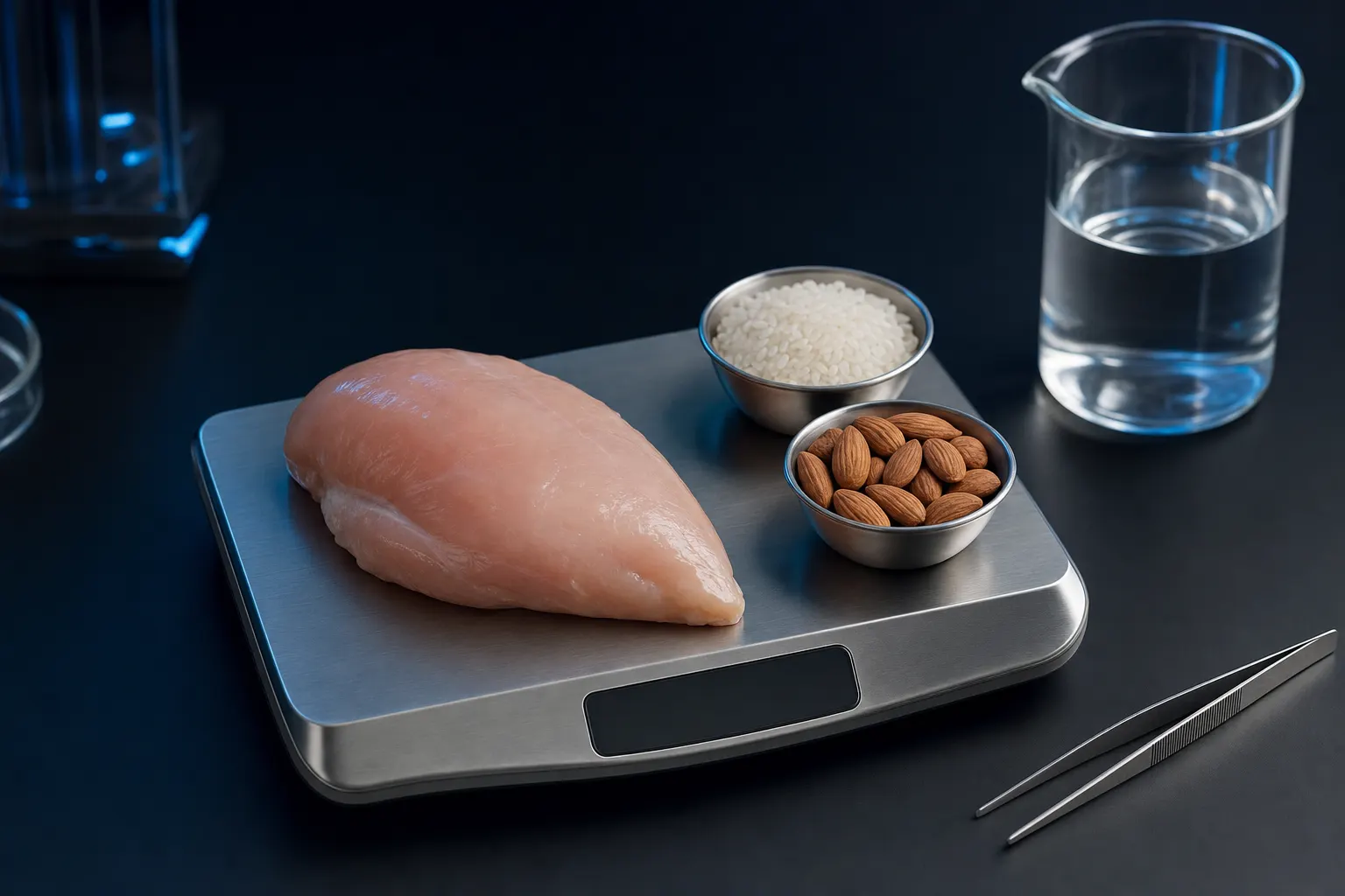 A raw chicken breast and small steel bowls of rice and almonds sitting on a brushed stainless kitchen scale with a blank display, beside a glass beaker and tweezers on a dark counter.