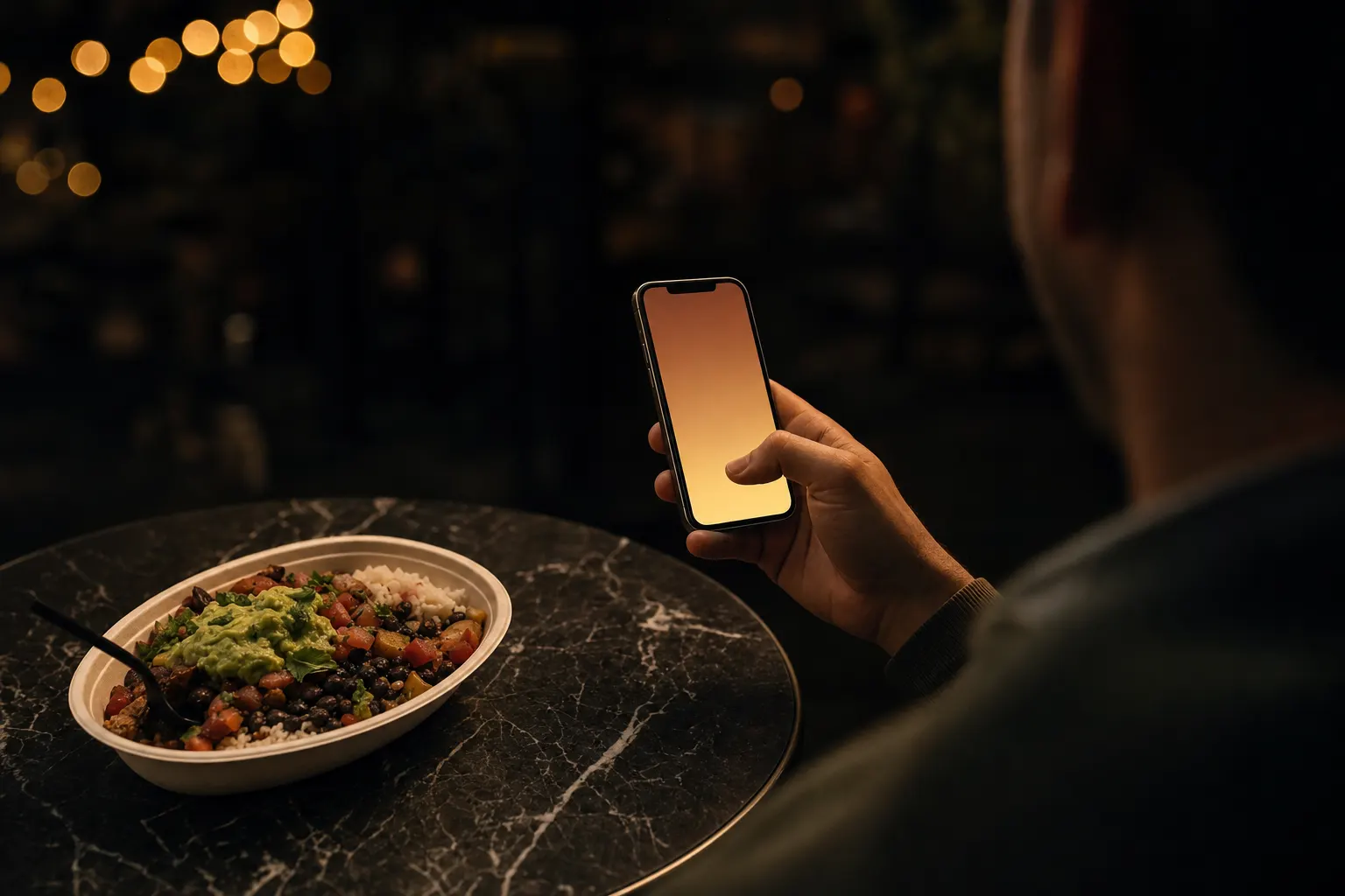 Over-the-shoulder view of a hand holding a warmly glowing phone above a burrito bowl topped with guacamole on a dark marble cafe table, string lights blurred in the background.