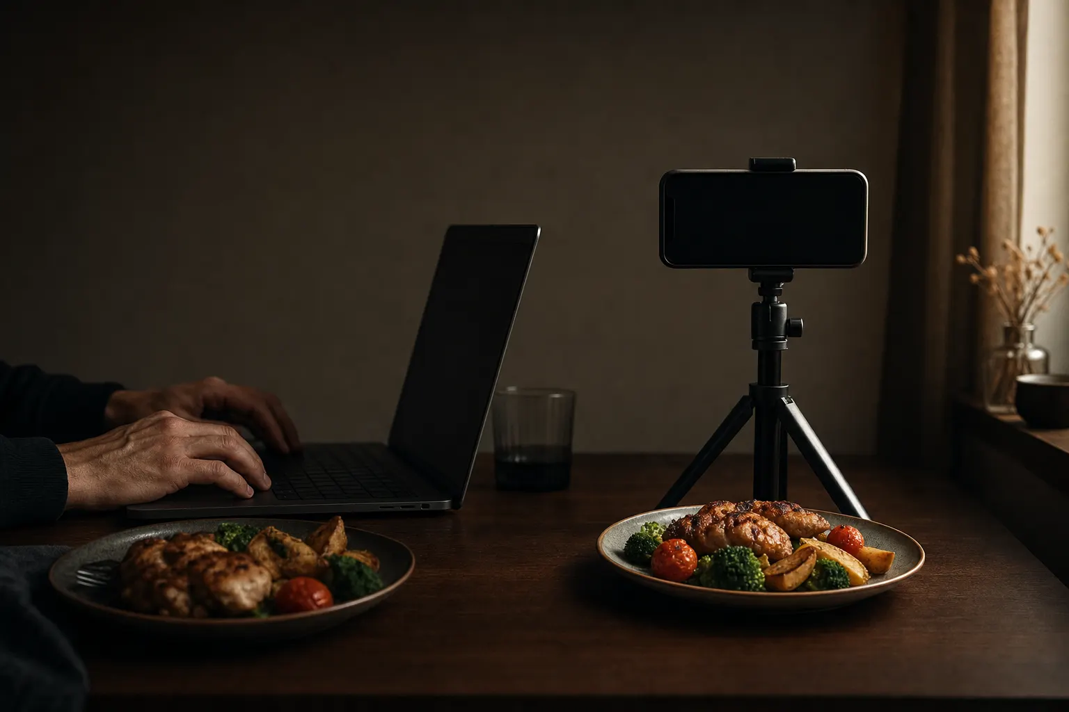 Hands typing on a dim laptop beside an untouched plate of chicken and vegetables, while on the right a phone on a small tripod points its camera down at an identical fresh plate.