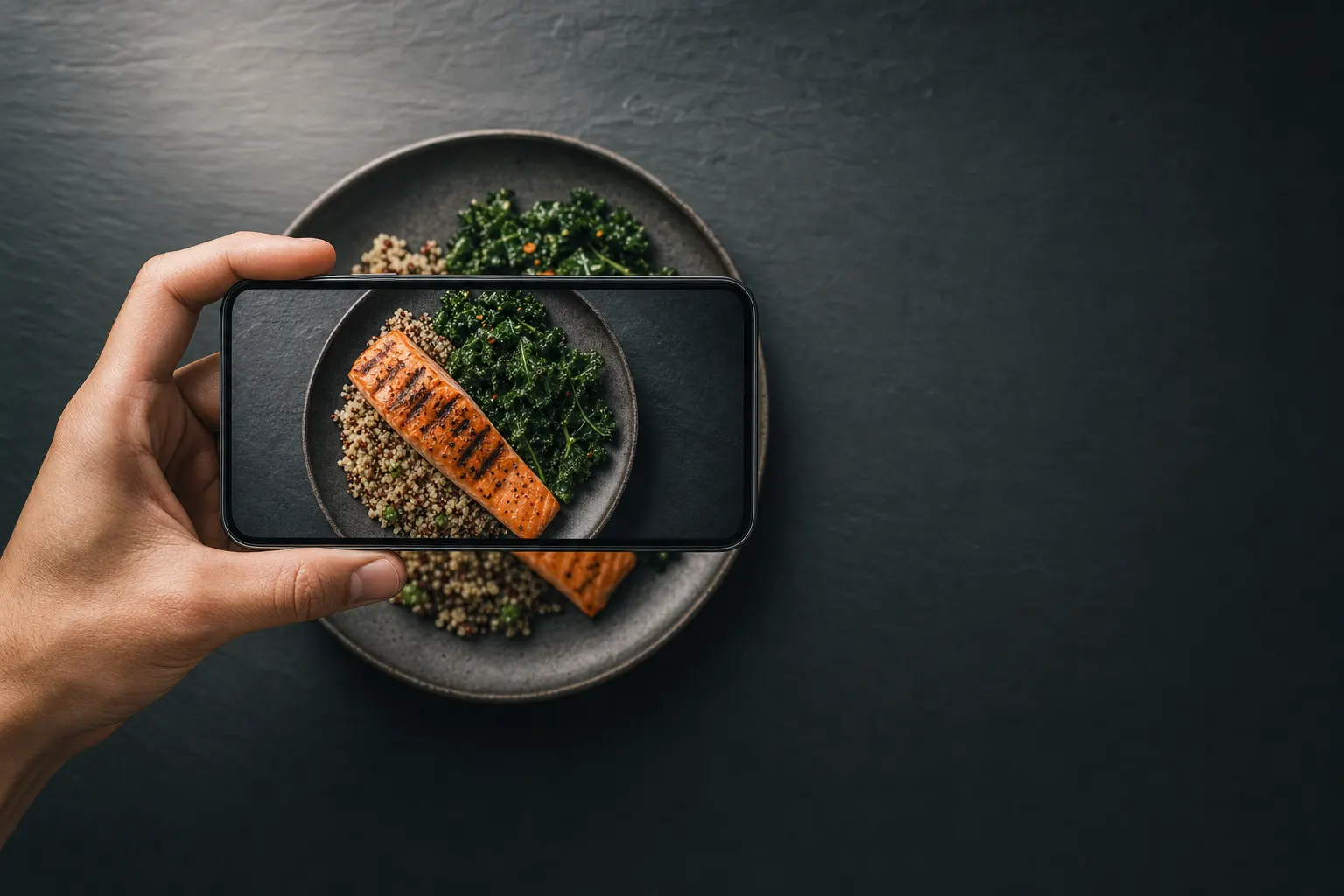 Overhead view of a hand holding a smartphone above a plate of grilled salmon, quinoa and kale on dark slate, the phone screen showing the plate through its camera.
