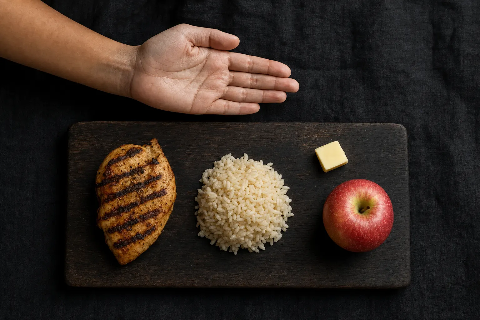 Overhead view of an open palm held above a dark wooden board holding a grilled chicken breast, a mound of rice, a small cube of butter and a red apple, with no scale in sight.