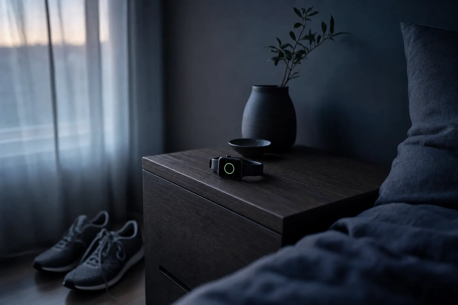 A smartwatch showing a single glowing green ring resting on a dark wooden nightstand at dawn, with running shoes waiting on the floor by a softly lit curtained window.