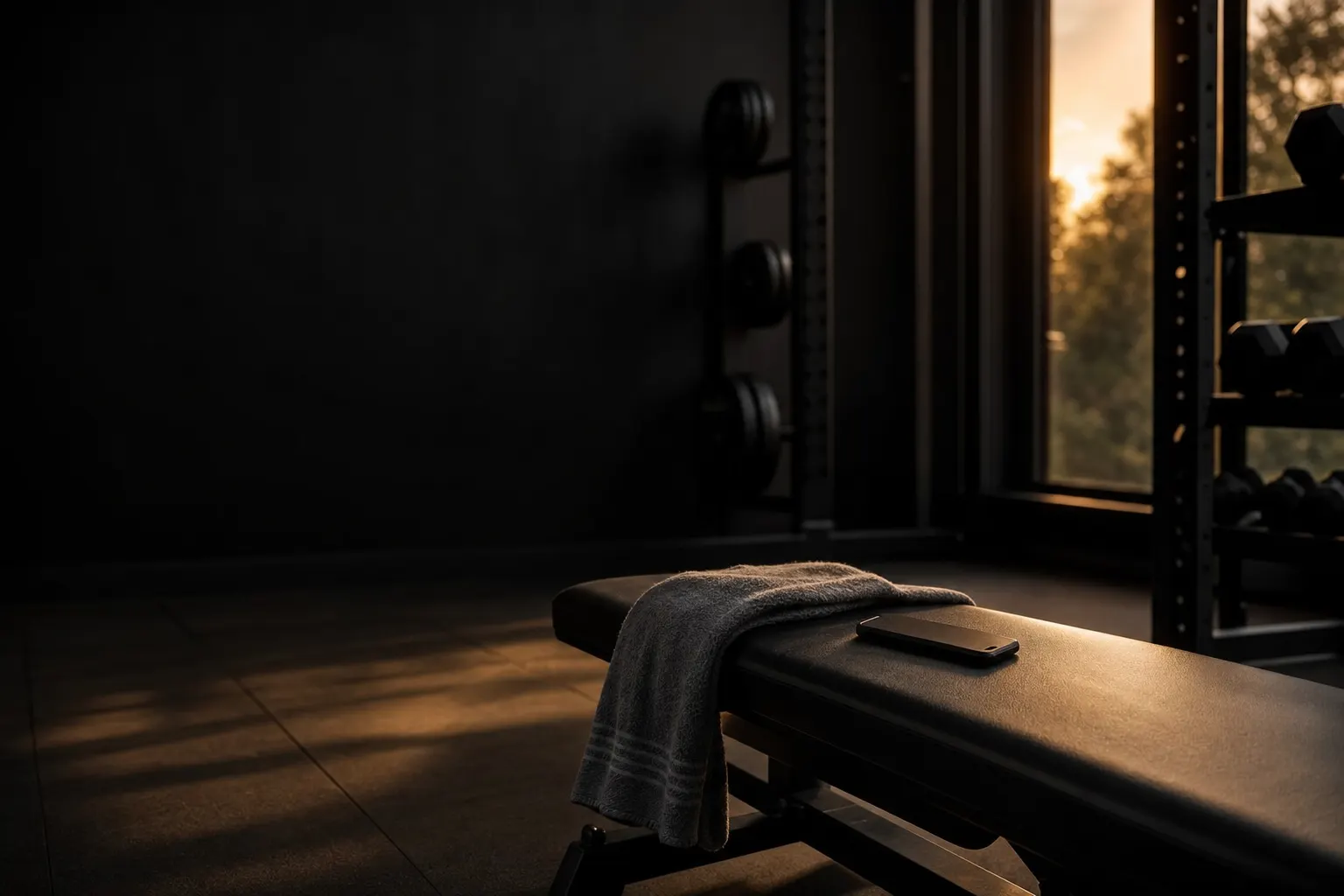 An empty weight bench in a dim gym at dusk with a folded gray towel and a phone lying face-down on it, warm evening light coming through a window.