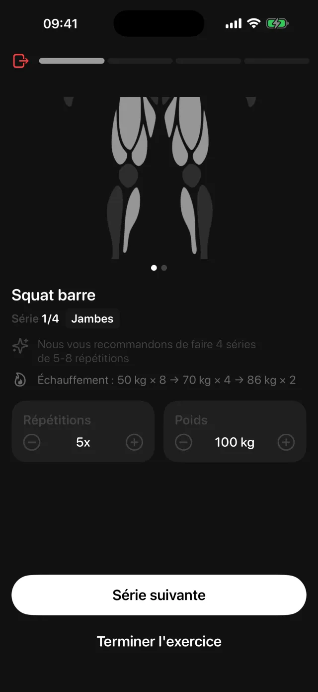 Séance en cours&nbsp;: squat barre, série 1 sur 4, répétitions et charge à saisir